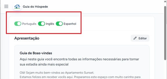 Language activation bar on the guide editing screen