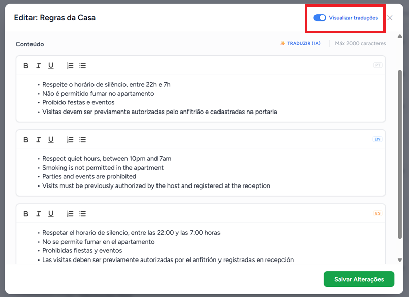 Per-language translation editors open in a guide section