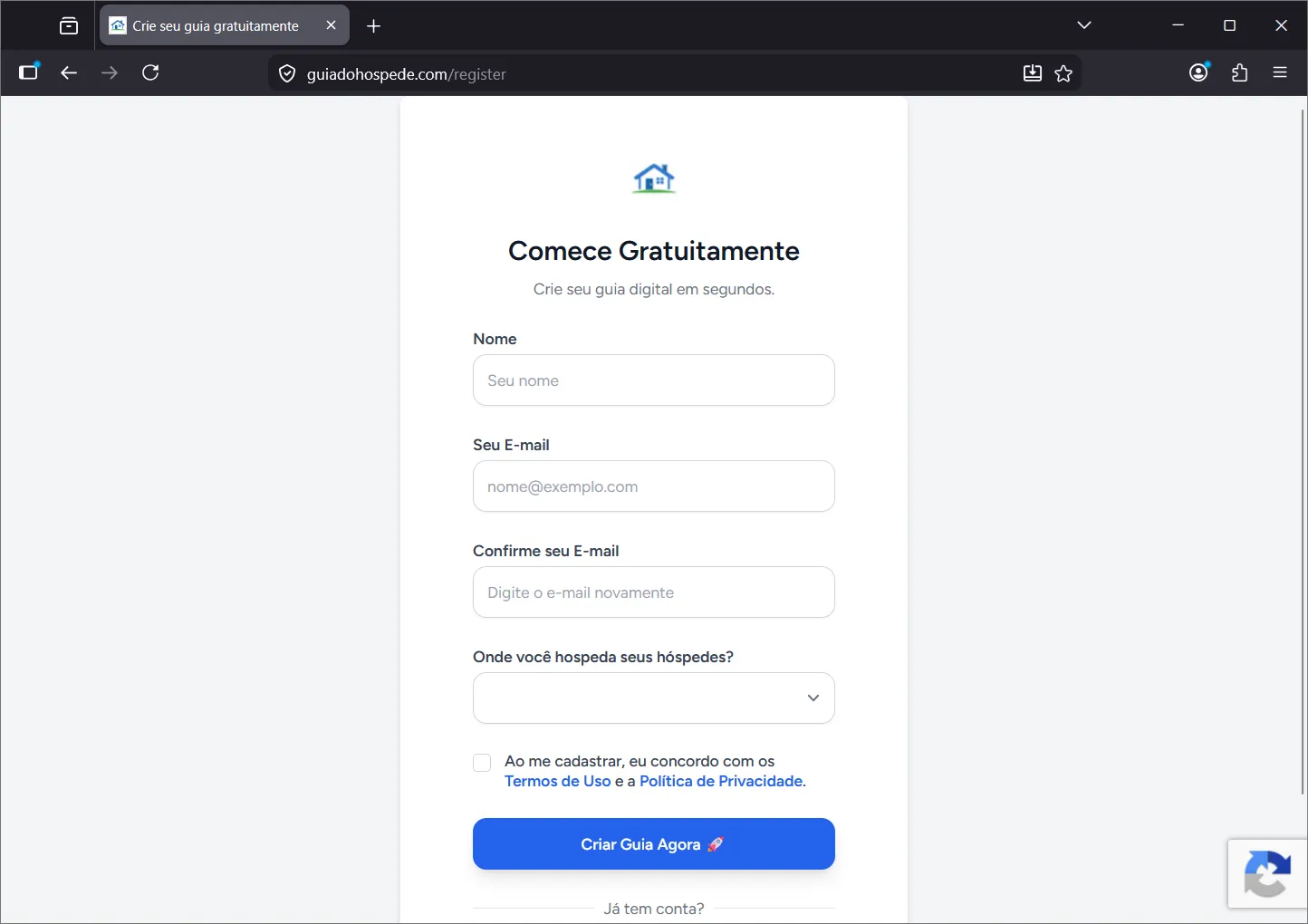 Guialo sign-up screen