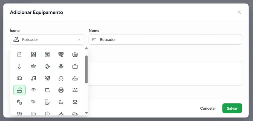 Equipment section in the Guialo editor, with one item configured