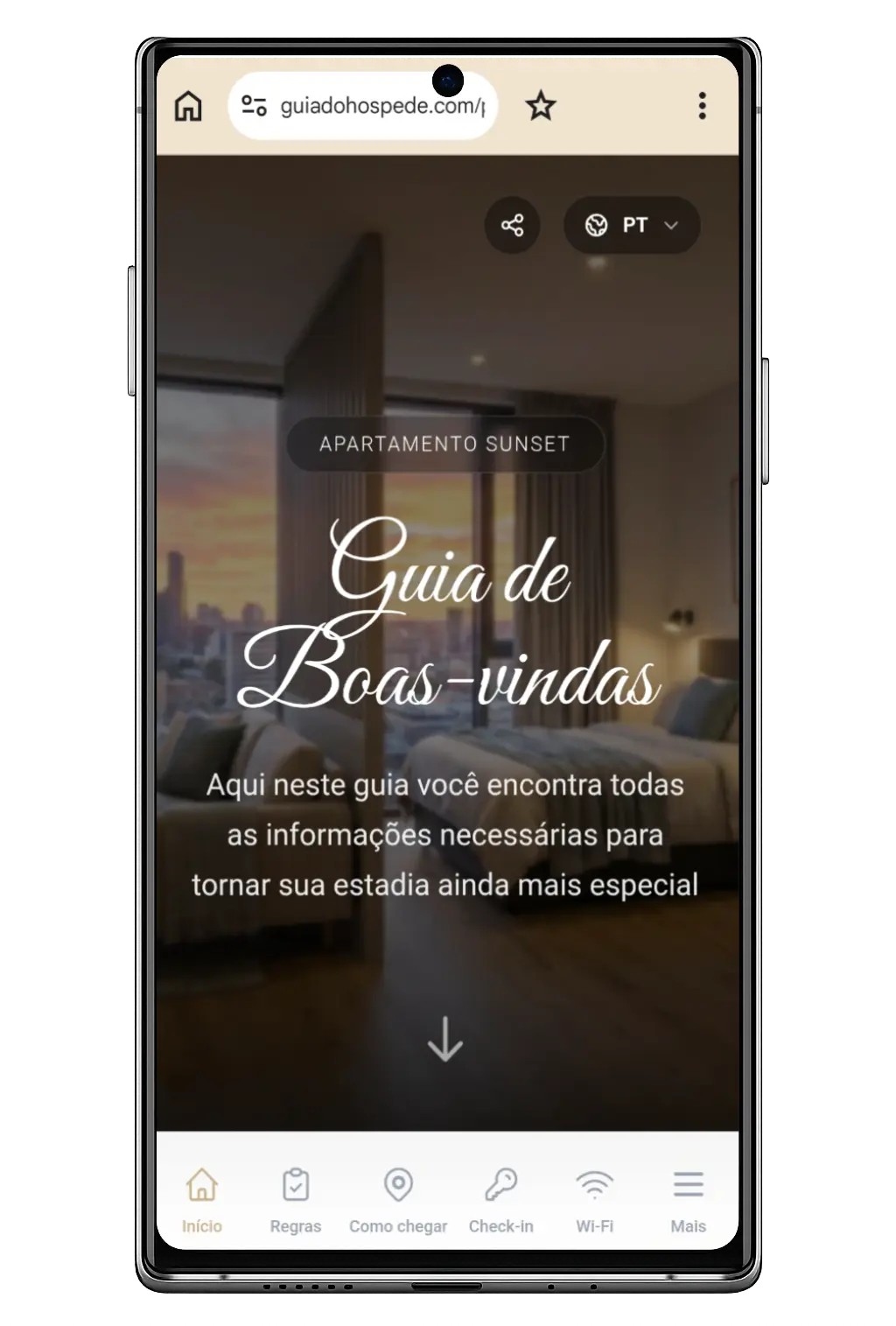 Home screen of a digital guide with icons and categories like Wi-Fi, Equipment, and Rules