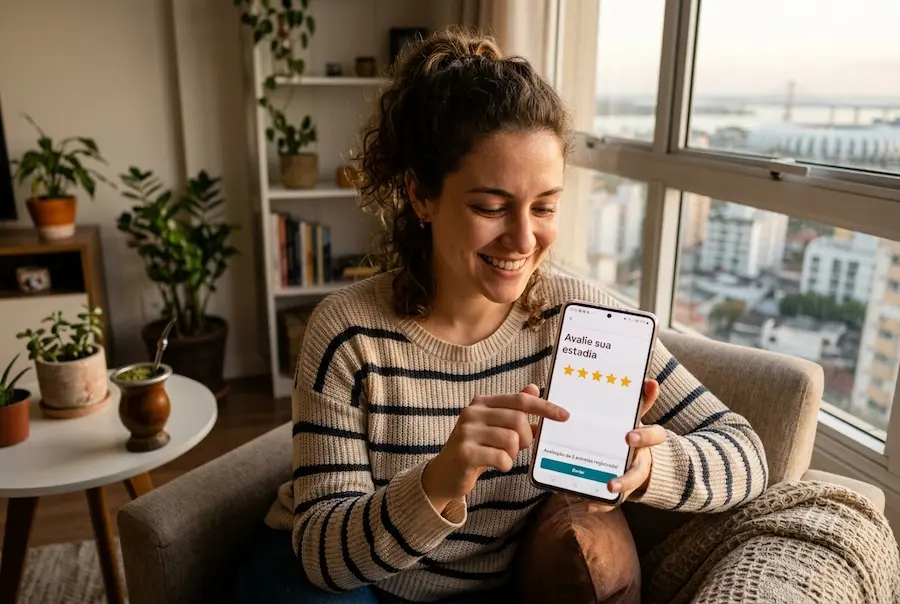 Relaxed host using a computer while the digital guide takes care of guests